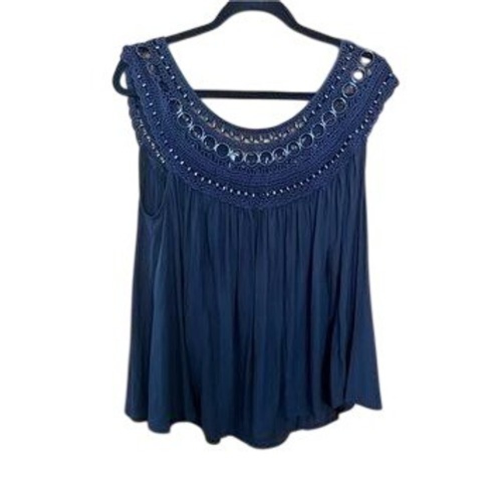 Free People Womens Navy Crochet Bib Sleeveless Pleated Babydoll Top